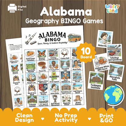 Alabama Geography BINGO Game State History and Symbols Activity Printable
