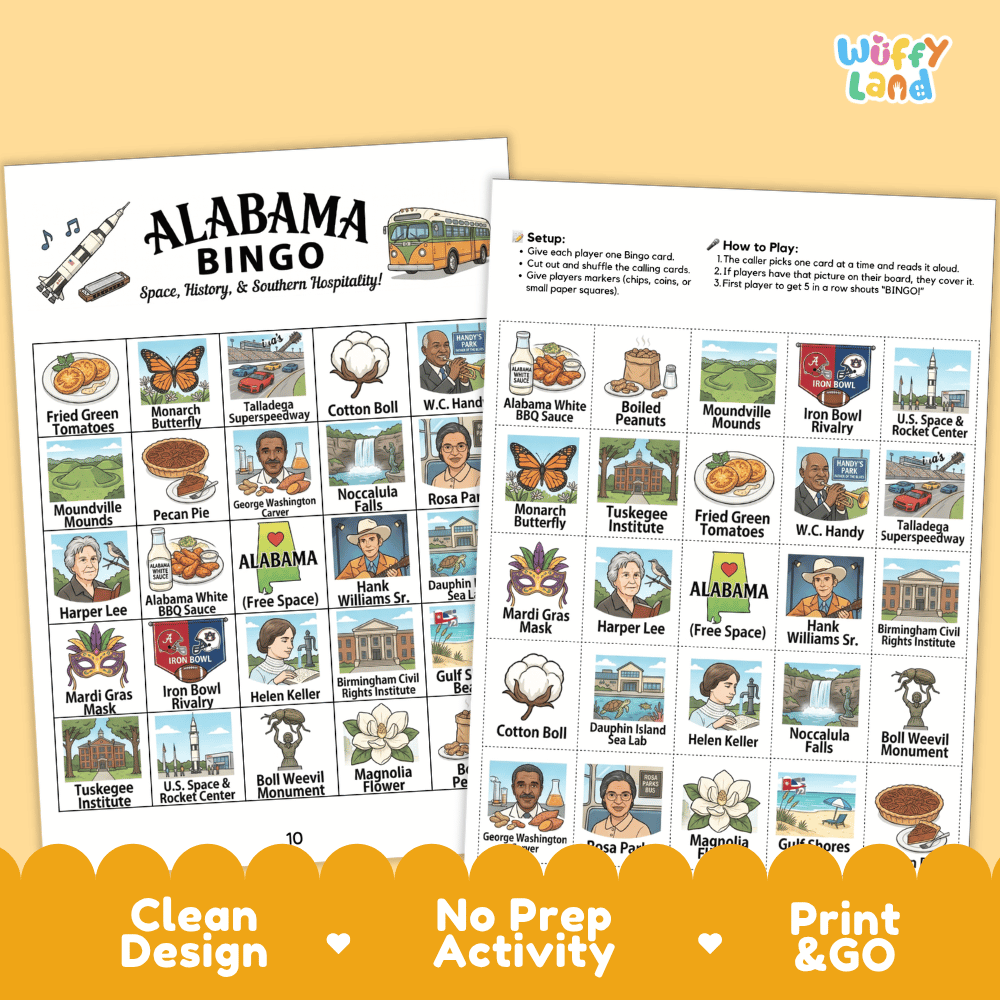 Alabama Geography BINGO Game State History and Symbols Activity Printable