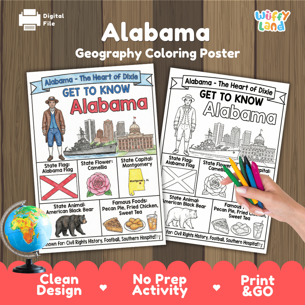 Alabama Geography Coloring Poster Worksheets