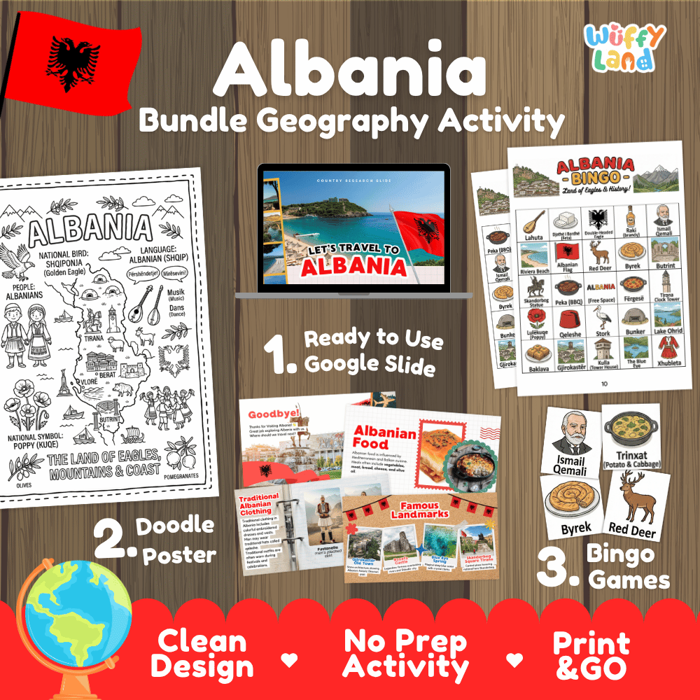 Complete Albania geography activity bundle featuring Google Slides, doodle coloring poster, and classroom bingo games 🇦🇱🎒