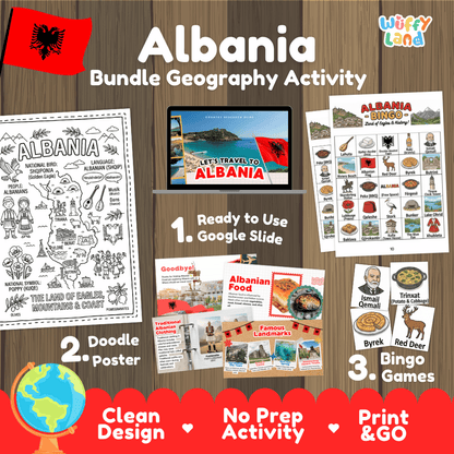 Complete Albania geography activity bundle featuring Google Slides, doodle coloring poster, and classroom bingo games 🇦🇱🎒