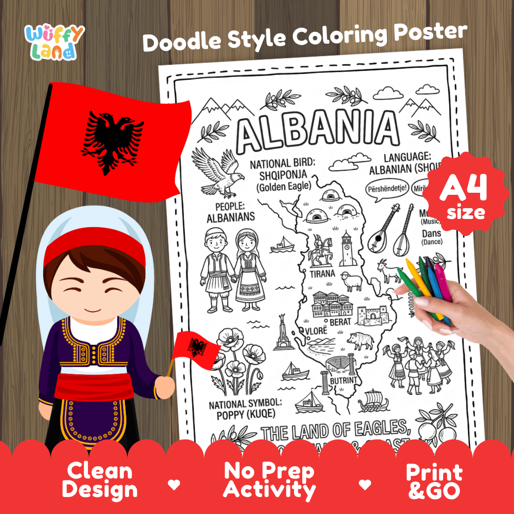 Albania country study doodle style coloring poster printable page featuring map, landmarks, and cultural symbols