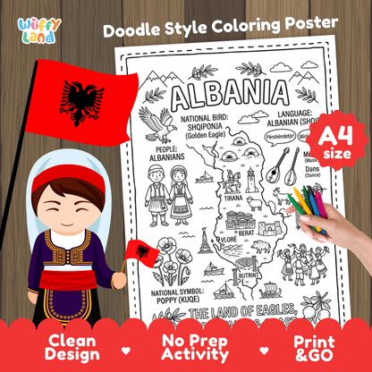 Albania country study doodle style coloring poster printable page featuring map, landmarks, and cultural symbols