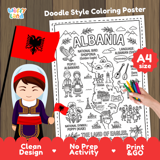 Albania country study doodle style coloring poster printable page featuring map, landmarks, and cultural symbols