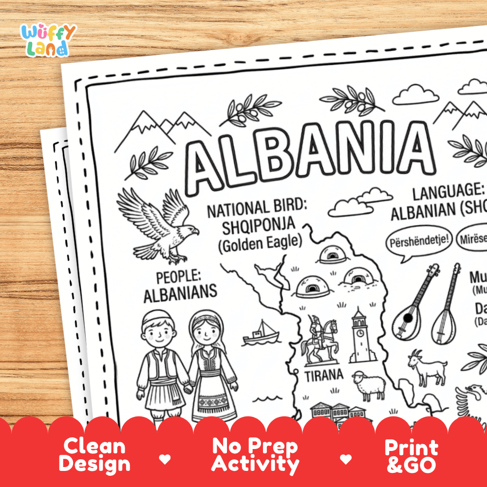 Cultural coloring page featuring traditional Albanian folk costumes, folk dance, musical instruments, and Albanian greetings