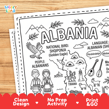 Cultural coloring page featuring traditional Albanian folk costumes, folk dance, musical instruments, and Albanian greetings