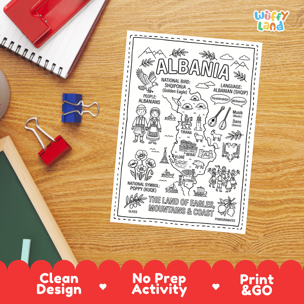 Doodle map coloring sheet showing Albania's capital Tirana, Berat, coastal Vlore, and ancient Butrint