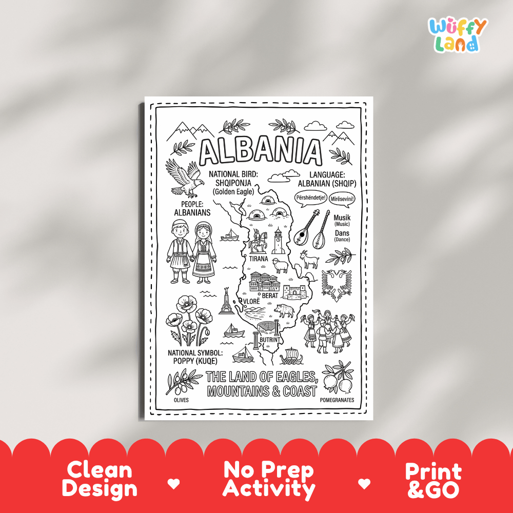 Educational activity coloring page highlighting Albania's national bird the Golden Eagle and red poppy flower