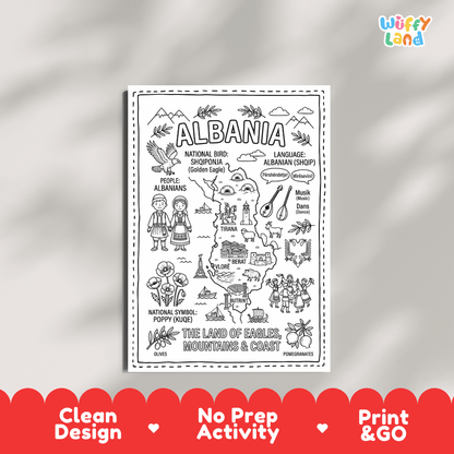 Educational activity coloring page highlighting Albania's national bird the Golden Eagle and red poppy flower