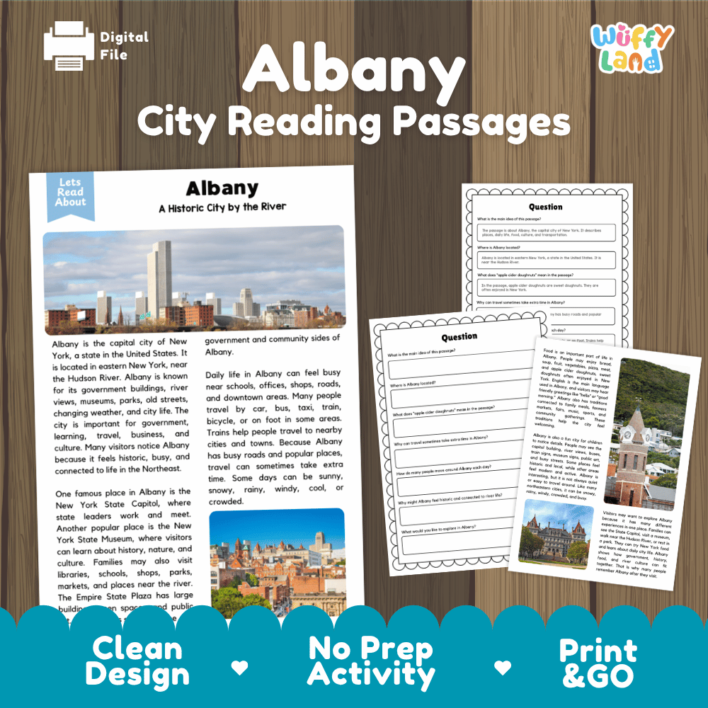 Albany city reading passages and comprehension worksheet educational unit featuring nonfiction text and authentic Albany New York skyline and river photography