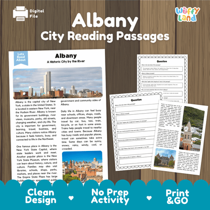 Albany city reading passages and comprehension worksheet educational unit featuring nonfiction text and authentic Albany New York skyline and river photography