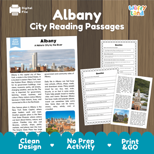 Albany city reading passages and comprehension worksheet educational unit featuring nonfiction text and authentic Albany New York skyline and river photography