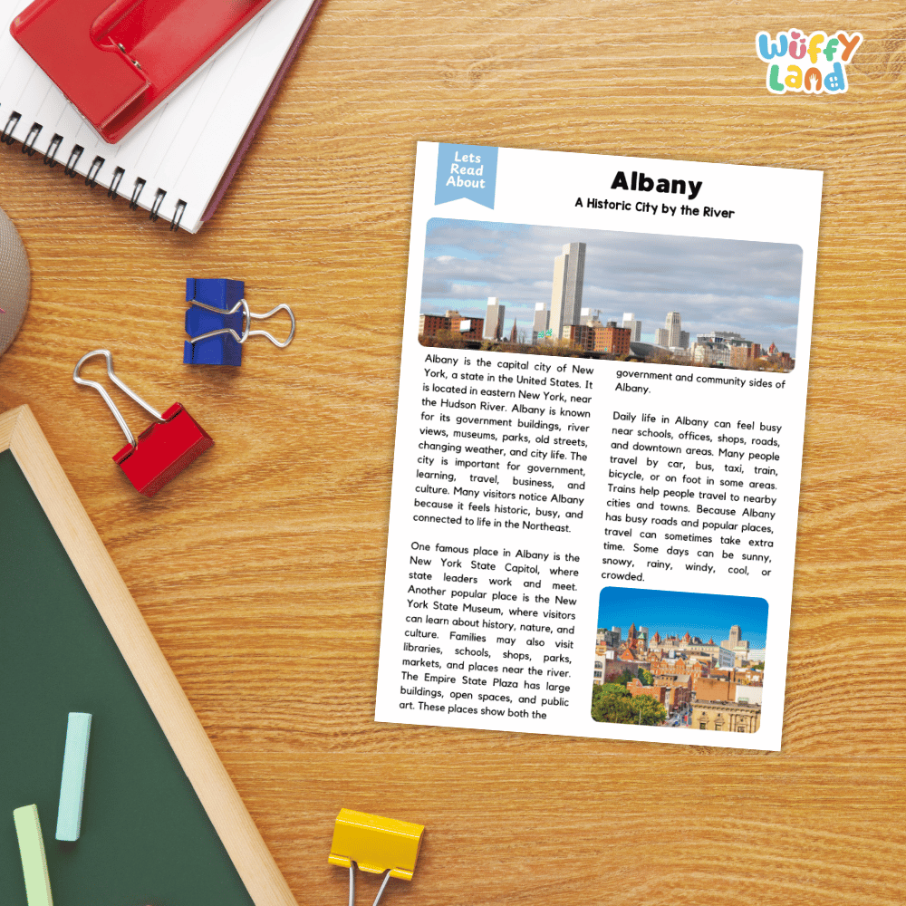 Lined reading comprehension question worksheet covering main ideas vocabulary terms and landmark facts about Albany New York