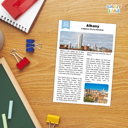 Lined reading comprehension question worksheet covering main ideas vocabulary terms and landmark facts about Albany New York