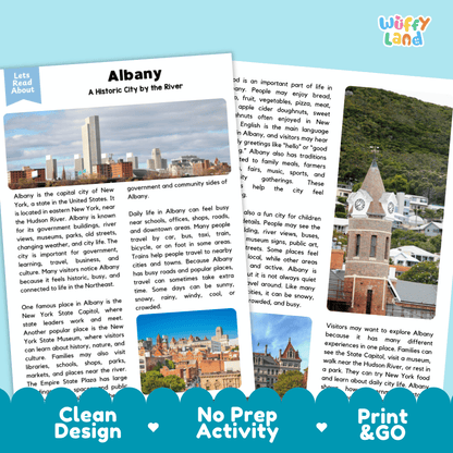 Reference sheet and answer key for Albany landmark reading passage displaying completed comprehension answers and United States geography facts