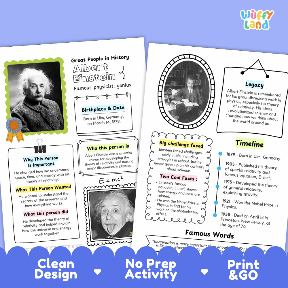 Two educational activity sheets about Albert Einstein, shown on a white background with a blue banner at the bottom reading 'Clean Design', 'No Prep Activity', and 'Print & GO'. The sheets include a portrait photo, text boxes, a circular timeline graphic, and a timeline section with bullet points.