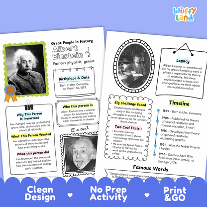 Two educational activity sheets about Albert Einstein, shown on a white background with a blue banner at the bottom reading 'Clean Design', 'No Prep Activity', and 'Print & GO'. The sheets include a portrait photo, text boxes, a circular timeline graphic, and a timeline section with bullet points.