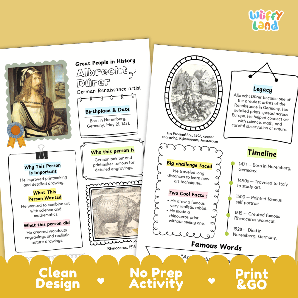 Two printed educational activity sheets for learning about Albrecht Durer, shown on a white background with a yellow footer banner reading 'Clean Design', 'No Prep Activity', and 'Print & GO'. The left sheet includes text, a portrait photo, and labeled sections; the right sheet includes a portrait, an oval outline, a box, and a timeline.