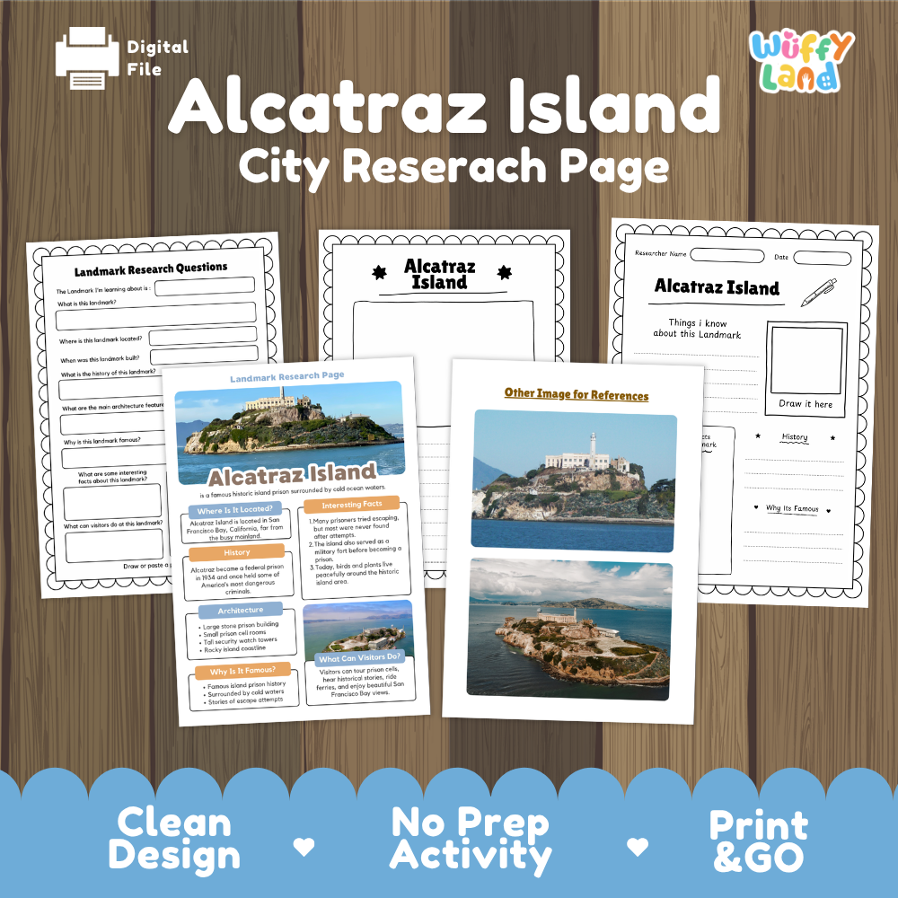 Digital preview of a printable Alcatraz Island city research page set, showing several worksheet and poster pages laid out on a wood background with promotional text at the bottom.