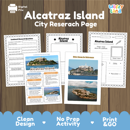 Digital preview of a printable Alcatraz Island city research page set, showing several worksheet and poster pages laid out on a wood background with promotional text at the bottom.