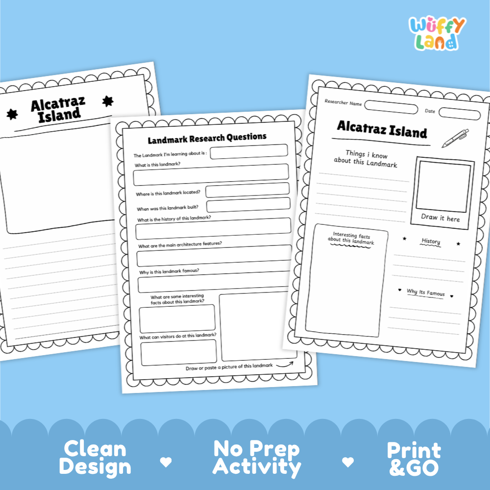 Three printable worksheet pages for Alcatraz Island displayed on a light blue background with decorative scalloped waves and marketing text at the bottom. The worksheets include labeled sections such as Alcatraz Island, Landmark Research Questions, and a drawing area.