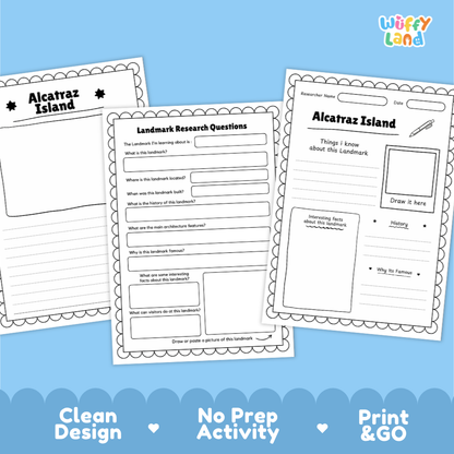 Three printable worksheet pages for Alcatraz Island displayed on a light blue background with decorative scalloped waves and marketing text at the bottom. The worksheets include labeled sections such as Alcatraz Island, Landmark Research Questions, and a drawing area.