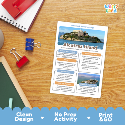 A printed educational activity sheet titled 'Alcatraz Island' laid on a wooden desk, surrounded by school supplies including a red notebook, blue binder clips, and a green chalkboard. The sheet includes a landscape photo, text sections, and a colorful blue scalloped banner at the bottom with the text 'Clean Design', 'No Prep Activity', and 'Print & GO'.