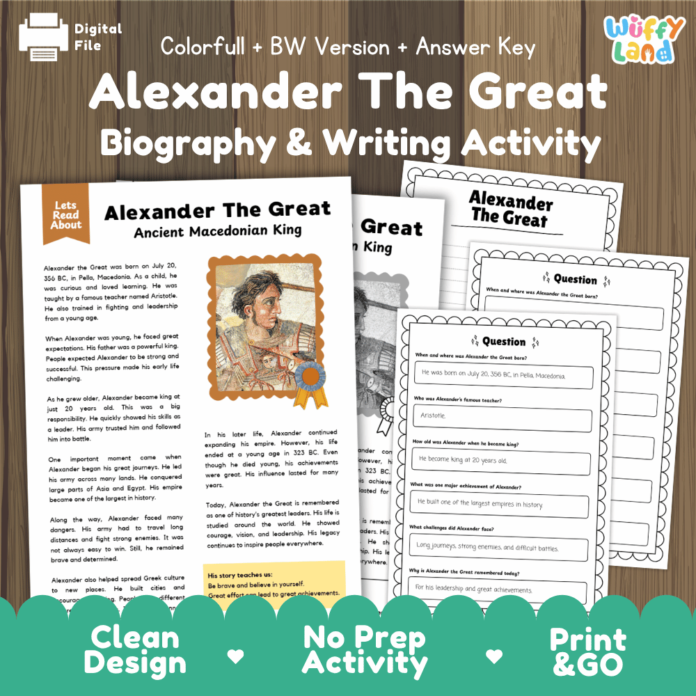 Alexander the Great biography and reading comprehension worksheets pack featuring passage, writing activity, and answer key