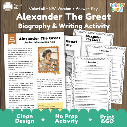 Alexander the Great biography and reading comprehension worksheets pack featuring passage, writing activity, and answer key