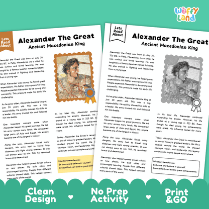 Lined writing activity page with decorative frame for student writing assignments about Alexander the Great