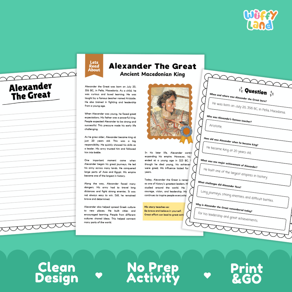 Student reading passage detailing the life, conquests, and leadership of Alexander the Great with portrait illustration