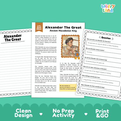 Student reading passage detailing the life, conquests, and leadership of Alexander the Great with portrait illustration