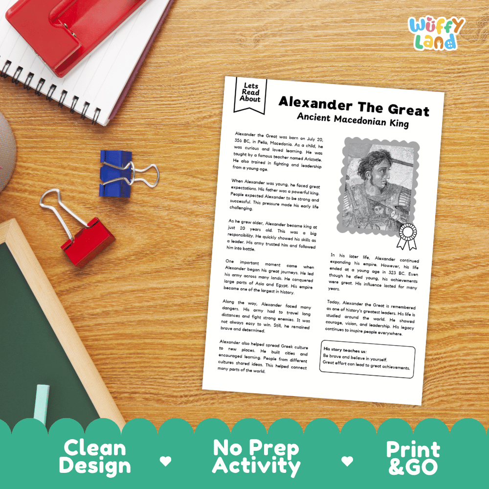 Elementary reading comprehension question worksheet and teacher answer key covering facts about Alexander the Great