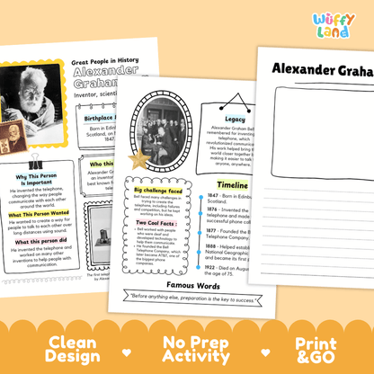 Two educational activity sheets about Alexander Graham Bell from the brand Wiffly Land, displayed on a white background with a decorative orange footer banner. The sheets feature a clean, colorful layout with text, timelines, and a writing activity box.