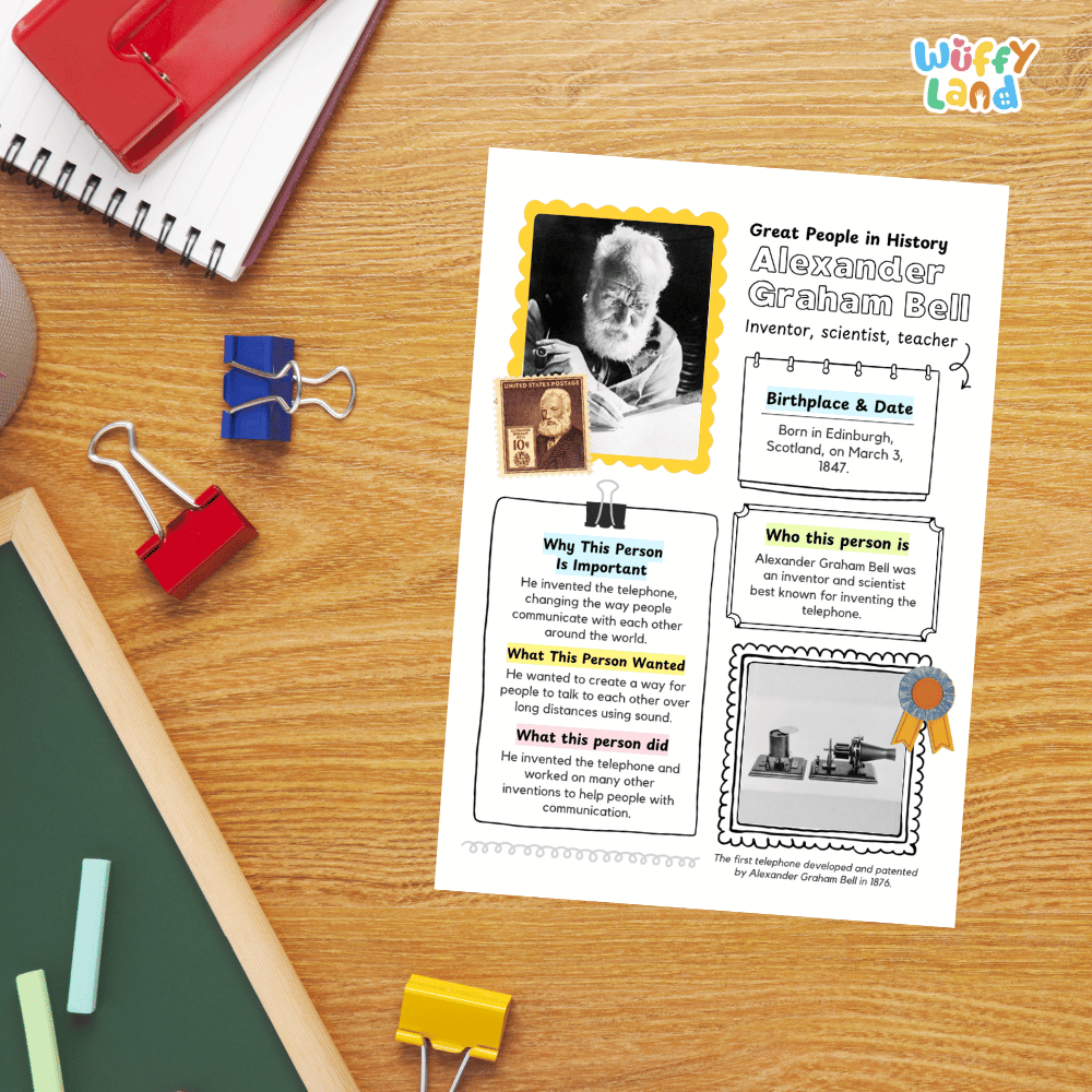 A children's educational poster about Alexander Graham Bell laid flat on a wooden desk with school supplies around it. The poster has a white background with black text, a black-and-white portrait photo, a yellow border, and small illustrations of a passport and a telephone.