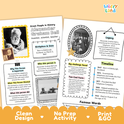 Two educational activity sheets about Alexander Graham Bell displayed on a white background with decorative orange banners at the bottom. The sheets contain text boxes, timelines, photos, and black-and-white illustrations, with the brand name 'Wuffly Land' visible in the top corners.