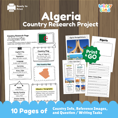Student country research worksheet on Algeria featuring national flag, Algiers capital facts, Sahara climate, and geography map