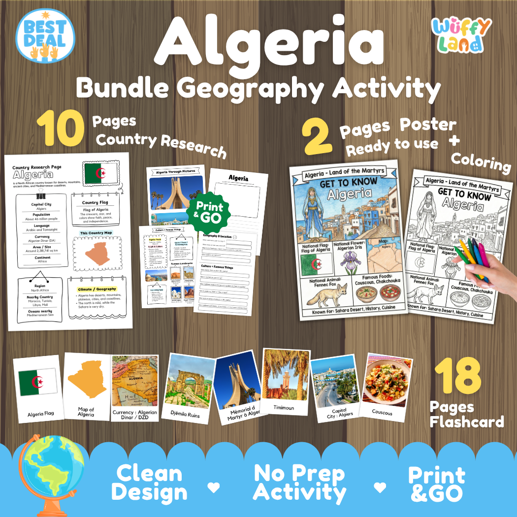 Algeria geography activity bundle cover showing 10 country research pages, 2 ready to use coloring posters, and 18 photo flashcards