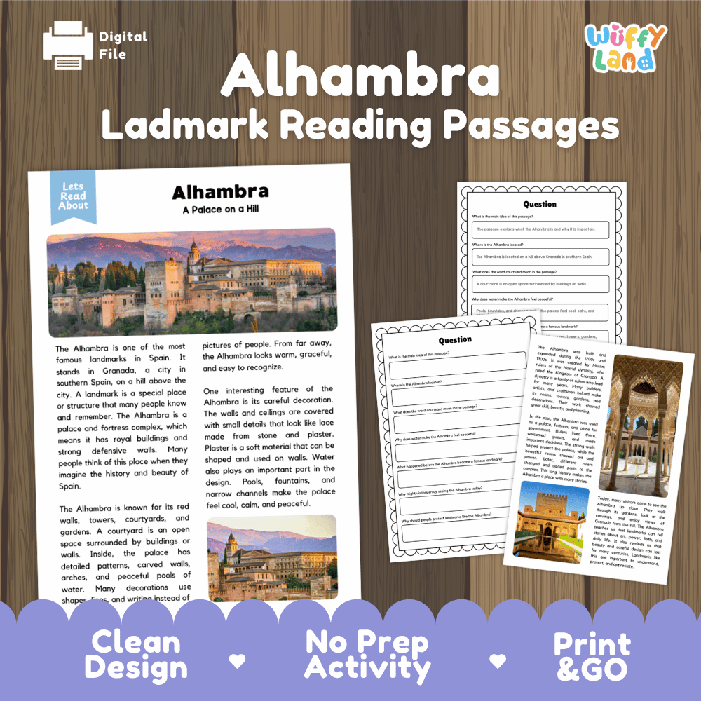 Alhambra Landmark Reading Passages and Comprehension Worksheets