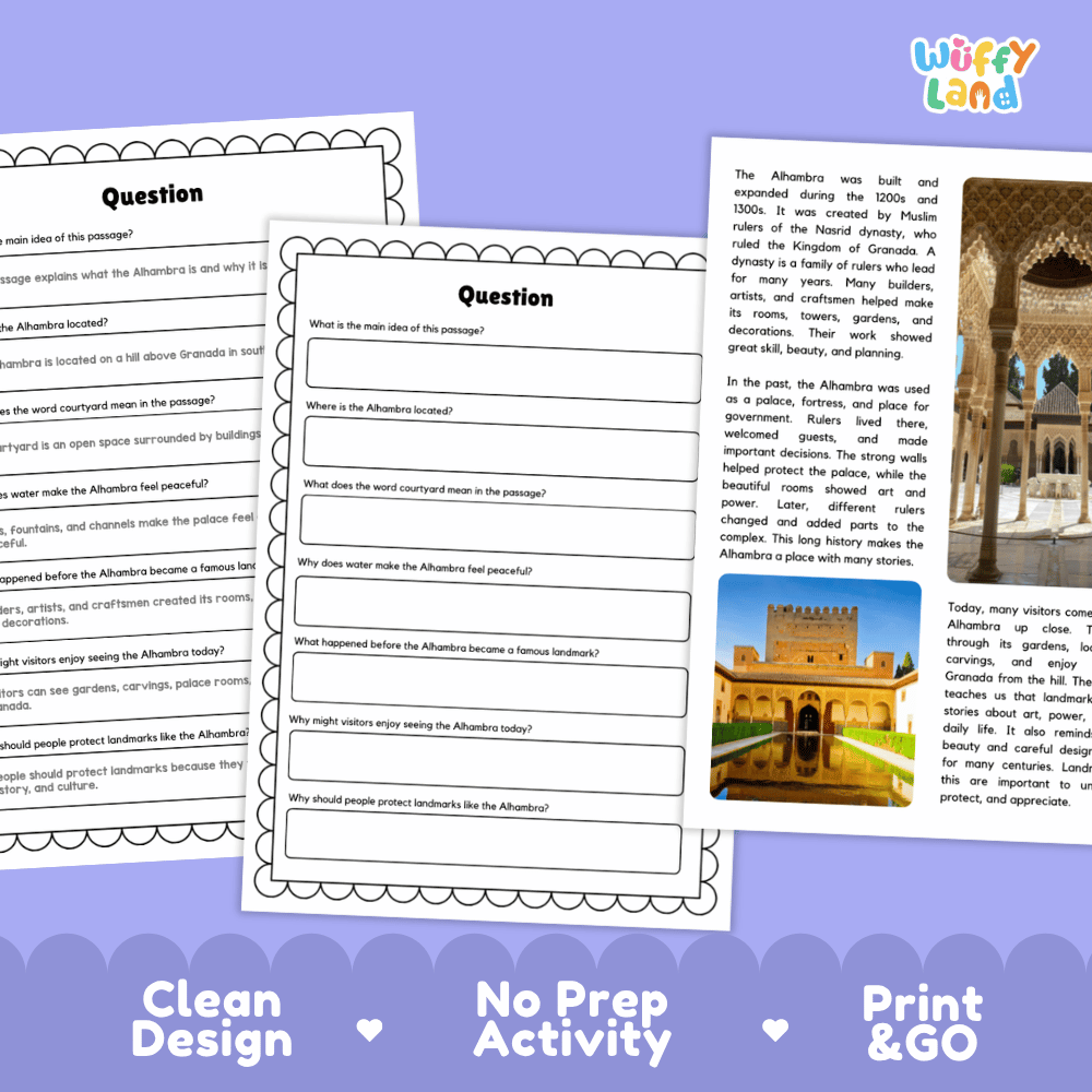 Alhambra Landmark Reading Passages and Comprehension Worksheets
