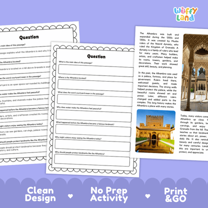 Alhambra Landmark Reading Passages and Comprehension Worksheets