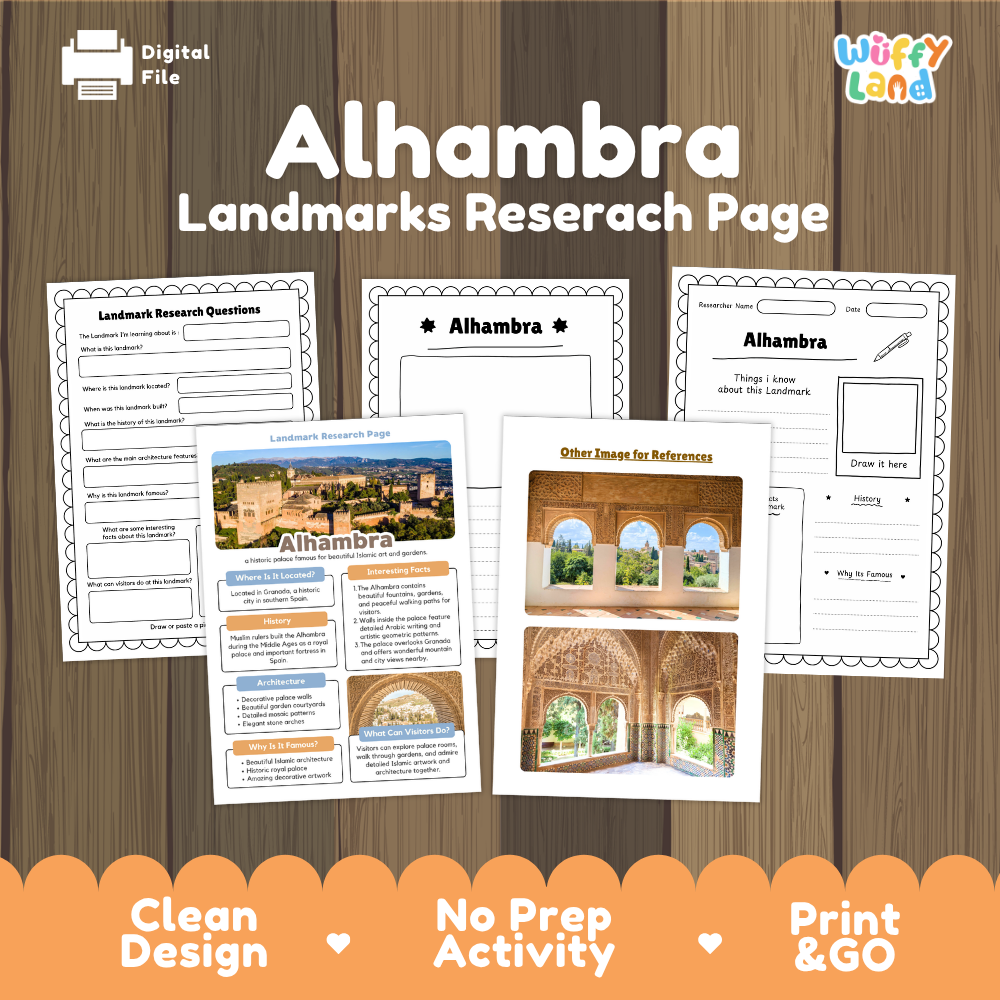 Alhambra Landmarks Research Page digital download activity sheet set by Wiffy Land, displayed on a wood-grain background with an orange banner at the bottom highlighting key features.