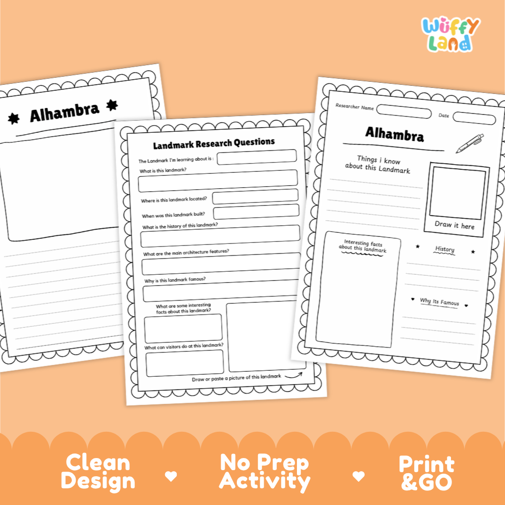 Three printable worksheet pages for Alhambra displayed on an orange background, with the Wiffy Land logo in the top right and marketing text along the bottom: 'Clean Design,' 'No Prep Activity,' and 'Print & GO.' The sheets contain lined writing areas, prompts, and a drawing box.