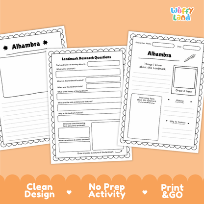 Three printable worksheet pages for Alhambra displayed on an orange background, with the Wiffy Land logo in the top right and marketing text along the bottom: 'Clean Design,' 'No Prep Activity,' and 'Print & GO.' The sheets contain lined writing areas, prompts, and a drawing box.