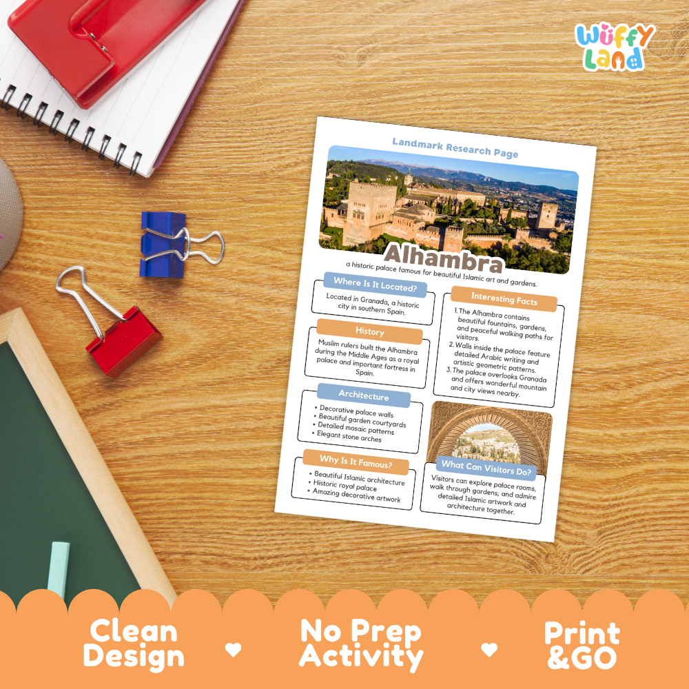 An educational 'Landscape Research Page' about Alhambra, displayed on a wooden desk with school supplies like a spiral notebook, binder clips, and a chalkboard. The page features colorful headers and text blocks with images of the Alhambra buildings.