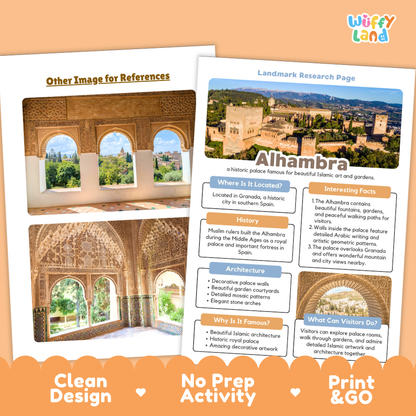 An educational activity sheet titled 'Landmark Research Page' about Alhambra, featuring a printed map, location photo, history text, architecture details, and visitor tips. The sheet is shown overlapping a larger inset reference photo of Alhambra's arches.