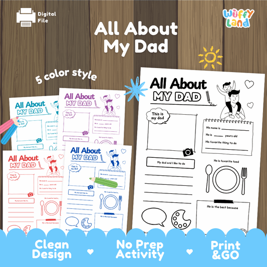All About My Dad printable Father's Day keepsake interview activity pack overview from Wuffy Land featuring 5 color styles 👨‍👧‍👦👔