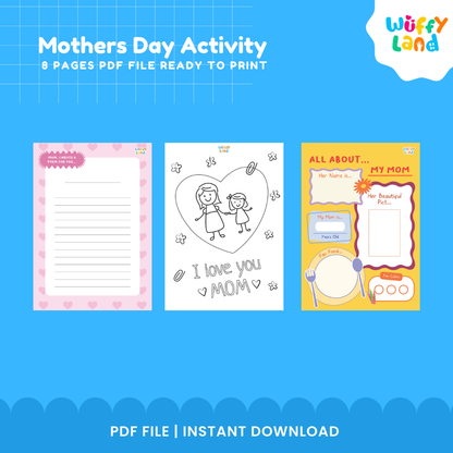 Printable All About My Mom questionnaire worksheet showing name, age, dinner plate food drawing, and portrait frame 📋👩