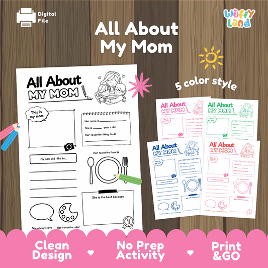 All About My Mom printable Mother's Day keepsake interview activity pack overview from Wuffy Land featuring 5 color styles 👩‍👧‍👦💖