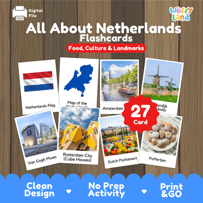 All About Netherlands flashcards cover showing 27 cards featuring Dutch flag, map, canals, windmills, and traditional food